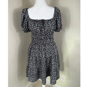 Hesperus Floral Mini Dress Womens L Black White Cottagecore Boho Y2K Babydoll